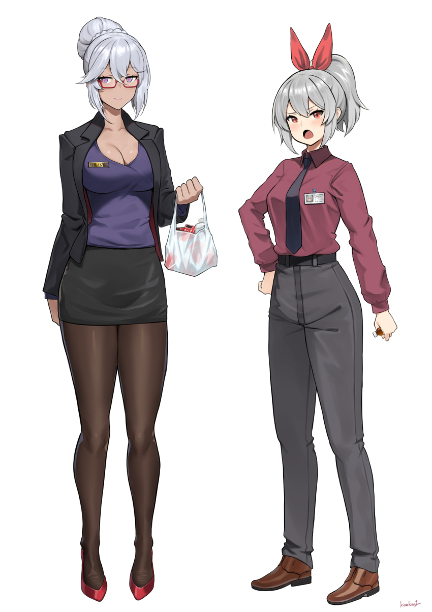 2girls alternate_costume alternate_hairstyle bag bespectacled black_jacket black_pantyhose black_skirt breasts cleavage closed_mouth commentary condom_box dark-skinned_female dark_skin english_commentary full_body girls&#039;_frontline girls&#039;_frontline_2:_exilium glasses grey_pants high_heels highres holding holding_bag id_card jacket kion-kun krolik_(girls&#039;_frontline_2) looking_at_viewer multiple_girls necktie nemesis_(girls&#039;_frontline_2) office_lady open_mouth pants pantyhose pencil_skirt plastic_bag purple_eyes purple_shirt red-framed_eyewear red_eyes red_necktie red_shirt red_shoes shirt shoes short_hair simple_background skirt smile standing white_background