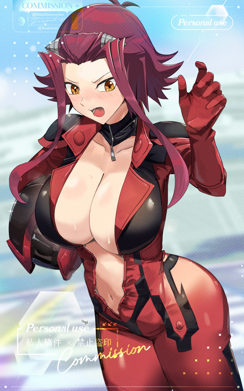1girl absurdres blush breasts cleavage collarbone commission embarrassed forehead hair_ornament helmet highres holding holding_helmet hsin izayoi_aki large_breasts looking_down navel official_alternate_costume open_mouth orange_eyes racing racing_suit red_hair short_hair solo stomach yu-gi-oh! yu-gi-oh!_5d&#039;s