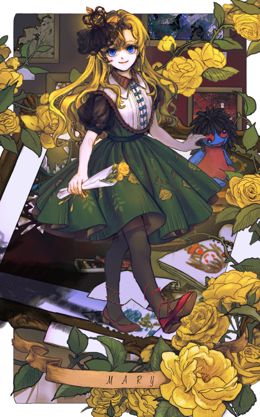 1girl black_pantyhose blonde_hair blue_eyes border collared_shirt dress eyelashes flower full_body gaha_(charat08) green_dress highres ib_(kouri) long_hair looking_at_viewer mary_(ib) pantyhose picture_frame puffy_short_sleeves puffy_sleeves rose shirt short_sleeves solo thorns walking white_border yellow_flower yellow_rose