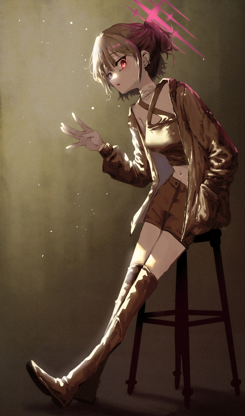 1girl absurdres alternate_costume alternate_hairstyle black_hair black_jacket black_tank_top blue_archive boots brown_boots collar ear_piercing hair_between_eyes hand_in_pocket highres jacket knee_boots kongaru_123 looking_at_viewer misaki_(blue_archive) navel open_hand open_mouth piercing pink_eyes ponytail short_hair sidelocks solo stomach tank_top white_collar