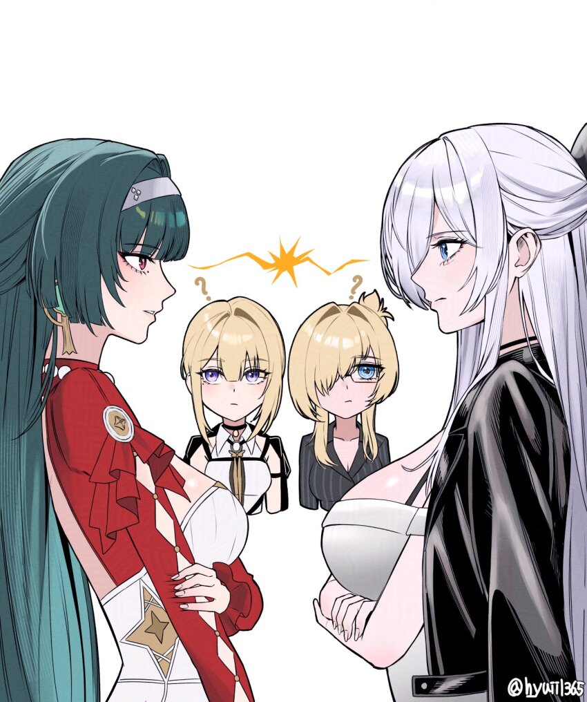 4girls ? astra_yao blue_eyes breasts cinderella_(beautiful_me)_(nikke) cinderella_(nikke) evelyn_chevalier from_side goddess_of_victory:_nikke grave_(beautiful_you)_(nikke) grave_(nikke) green_hair highres hyuiil365 large_breasts medium_breasts multiple_girls official_alternate_costume pink_eyes purple_eyes simple_background twitter_username upper_body white_background zenless_zone_zero