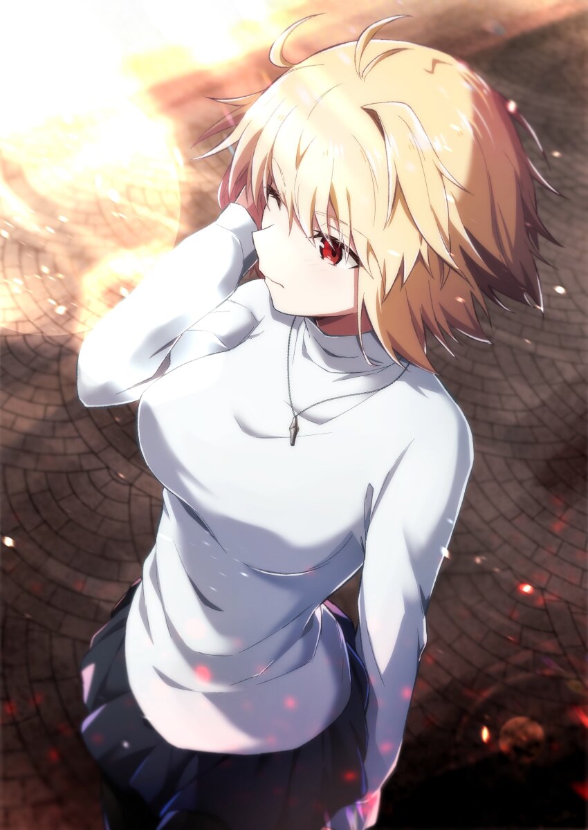 1girl absurdres antenna_hair arcueid_brunestud azami_masurao black_skirt blonde_hair breasts closed_mouth commentary highres jewelry long_sleeves looking_away medium_breasts miniskirt necklace one_eye_closed red_eyes short_hair single_hair_intake skirt solo sunlight sweater tsukihime tsukihime_(remake)