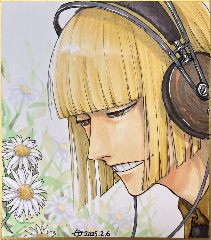 1boy ai_(ai1470) black_necktie bleach blonde_hair blunt_bangs blunt_ends bob_cut border brown_eyes dated headphones highres hirako_shinji japanese_clothes male_focus necktie short_hair solo teeth
