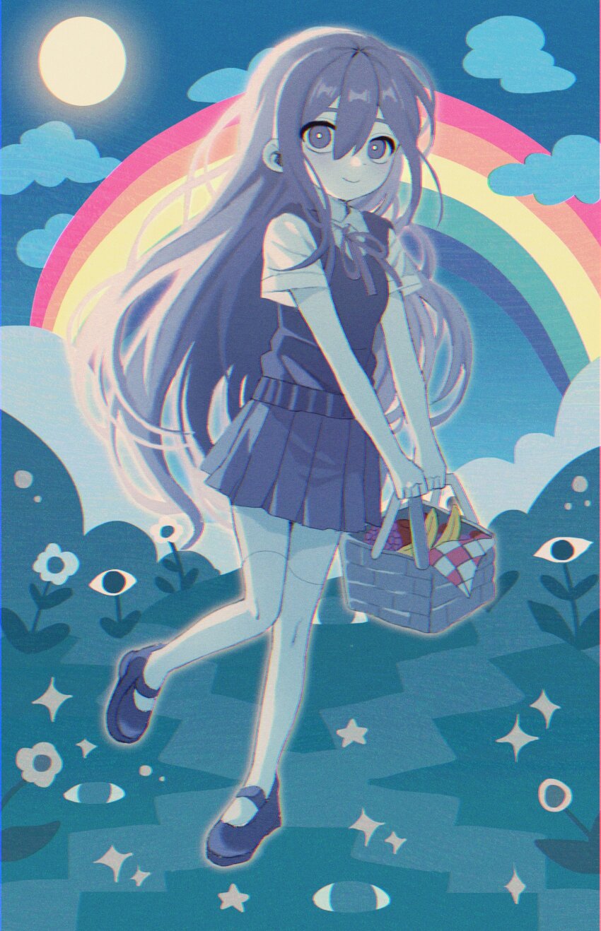 1girl absurdres backlighting basket black_shoes black_sweater_vest blue_sky bright_pupils closed_mouth cloud collared_shirt colored_skin double-parted_bangs film_grain grey_eyes grey_hair grey_ribbon grey_skirt hair_between_eyes highres holding holding_basket holding_picnic_basket knees_together_feet_apart long_hair looking_at_viewer mari_(headspace)_(omori) mari_(omori) mary_janes miniskirt my_loleeta neck_ribbon omori outdoors picnic_basket pleated_skirt rainbow ribbon shirt shoes short_sleeves sidelocks skirt sky smile solo something_(omori) sparkle standing standing_on_one_leg sun sweater_vest thighhighs v_arms very_long_hair white_pupils white_shirt white_skin white_thighhighs zettai_ryouiki