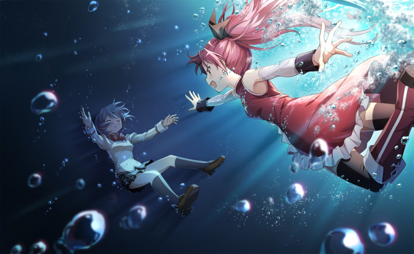 2girls air_bubble artist_request asphyxiation bare_shoulders black_bow black_skirt black_socks black_thighhighs black_wrist_cuffs blue_hair boots bow bowtie brown_shoes bubble chest_jewel cleavage_cutout closed_eyes clothing_cutout collared_dress detached_sleeves determined dress drowning expressionless fang feet_out_of_frame floating_clothes floating_hair frilled_dress frills full_body game_cg gem hair_bow high_collar highres knee_boots kneehighs lace lace-trimmed_shirt lace-trimmed_sleeves lace_trim light_blush light_particles light_rays long_hair long_sleeves looking_at_another magical_girl mahou_shoujo_madoka_magica mahou_shoujo_madoka_magica_magia_exedra medium_dress miki_sayaka miniskirt mitakihara_school_uniform multiple_girls official_art open_mouth outstretched_arms parted_lips plaid_clothes plaid_skirt pleated_skirt pocket pointy_nose reaching red_boots red_bow red_bowtie red_dress red_eyes red_gemstone red_hair sakura_kyoko sakura_kyoko_(magical_girl) school_uniform shirt shoes skirt sleeveless sleeveless_dress socks thighhighs tsurime underwater uwabaki v-shaped_eyebrows very_long_hair white_sleeve_cuffs white_sleeves wrist_cuffs yellow_shirt