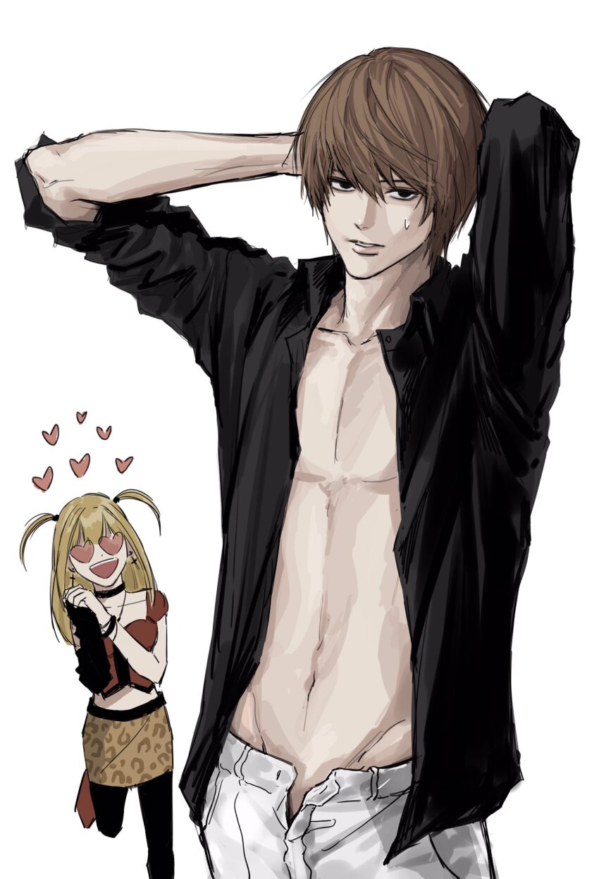 1boy 1girl amane_misa arms_behind_head arms_up black_eyes black_shirt brown_hair collared_shirt commentary_request cowboy_shot death_note heart highres korean_commentary long_hair looking_at_another looking_at_viewer male_focus navel open_clothes open_fly open_shirt pants parted_lips shirt short_hair simple_background sleeves_pushed_up sso_s sweatdrop teeth white_background white_pants yagami_light