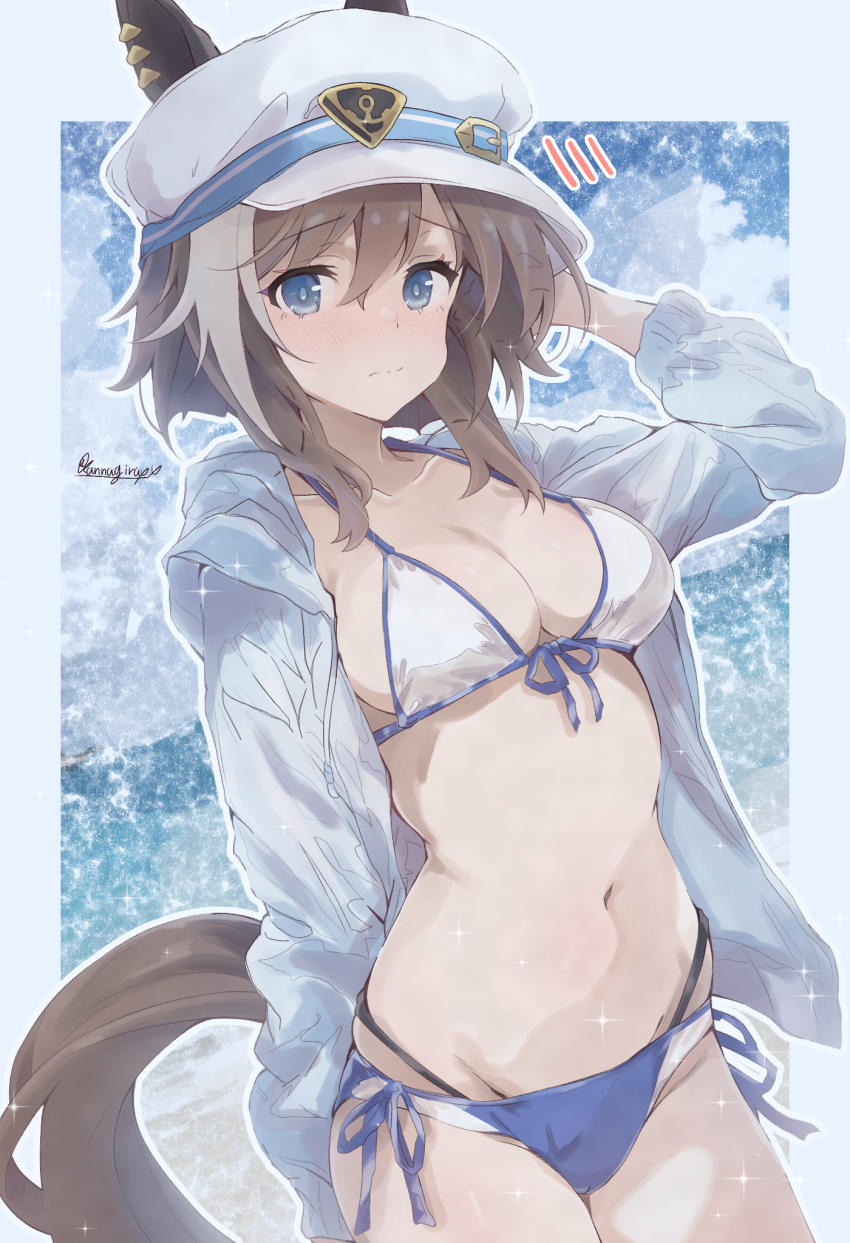 1girl animal_ears bikini blue_bikini blue_eyes blue_jacket breasts brown_hair cheval_grand_(umamusume) collarbone commentary_request ears_through_headwear hair_between_eyes hat highres horse_ears horse_girl horse_tail jacket kannagiray long_sleeves looking_at_viewer medium_breasts multicolored_bikini navel open_clothes open_jacket short_hair side-tie_bikini_bottom solo swimsuit tail thighs two-tone_bikini umamusume white_bikini white_hat