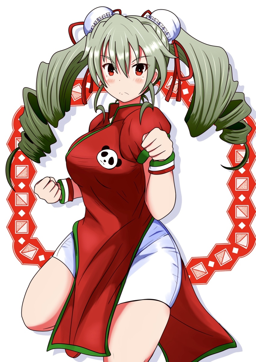 1girl alternate_costume alternate_hairstyle anchovy_(girls_und_panzer) animal_print bear_print bike_shorts bun_cover china_dress chinese_clothes clenched_hands closed_mouth commentary_request double_bun dress drill_hair fighting_stance frown girls_und_panzer green_hair hair_bun hair_ribbon high_collar highres leg_up long_hair looking_at_viewer medium_dress meiya panda_print pelvic_curtain puffy_short_sleeves puffy_sleeves red_dress red_ribbon ribbon shadow short_sleeves shorts side_slit simple_background solo standing standing_on_one_leg twin_drills twintails white_background white_shorts wristband
