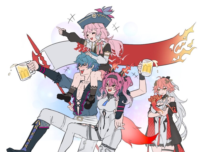 &gt;_&lt; +++ 1boy 3girls alcohol beer black_jacket blue_hair blue_shirt blush bodysuit brant_(wuthering_waves) breasts changli_(wuthering_waves) closed_eyes closed_mouth colored_extremities commentary cup dress drunk encore_(wuthering_waves) english_commentary hair_ornament hat holding holding_cup jacket large_breasts long_hair lupa_(wuthering_waves) multiple_girls nose_blush open_clothes open_mouth open_shirt orange_eyes pants pink_hair pointing pointing_forward red_hands revok shirt smile tacet_mark_(wuthering_waves) tricorne very_long_hair white_bodysuit white_dress white_pants wrist_guards wuthering_waves