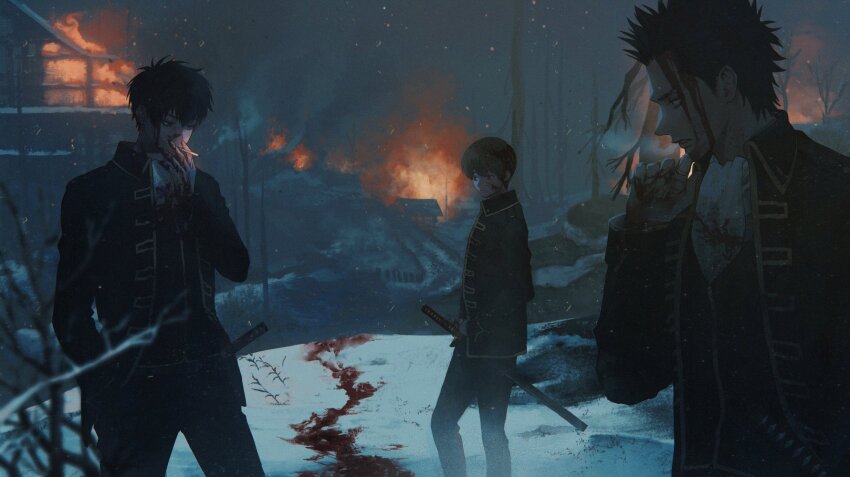 3boys ascot black_hair blood blood_on_clothes blood_on_face blood_on_ground cigarette commentary_request dark eigoni feet_out_of_frame fire gintama highres hijikata_toushirou holding holding_cigarette kondou_isao male_focus multiple_boys okita_sougo shinsengumi_(gintama) short_hair snow snowing sword weapon white_ascot