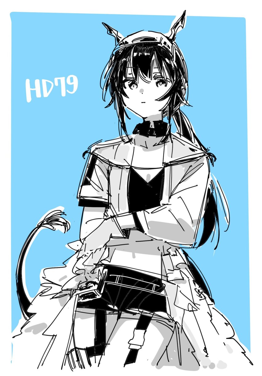 1girl arknights ch&#039;en_(arknights) ch&#039;en_the_holungday_(arknights) ch&#039;en_the_holungday_(holiday)_(arknights) chiriejjiyo closed_mouth commentary_request cowboy_shot dragon_girl dragon_horns dragon_tail expressionless gloves highres horns limited_palette long_hair long_sleeves looking_at_viewer official_alternate_costume open_clothes shorts sidelocks sketch solo tail
