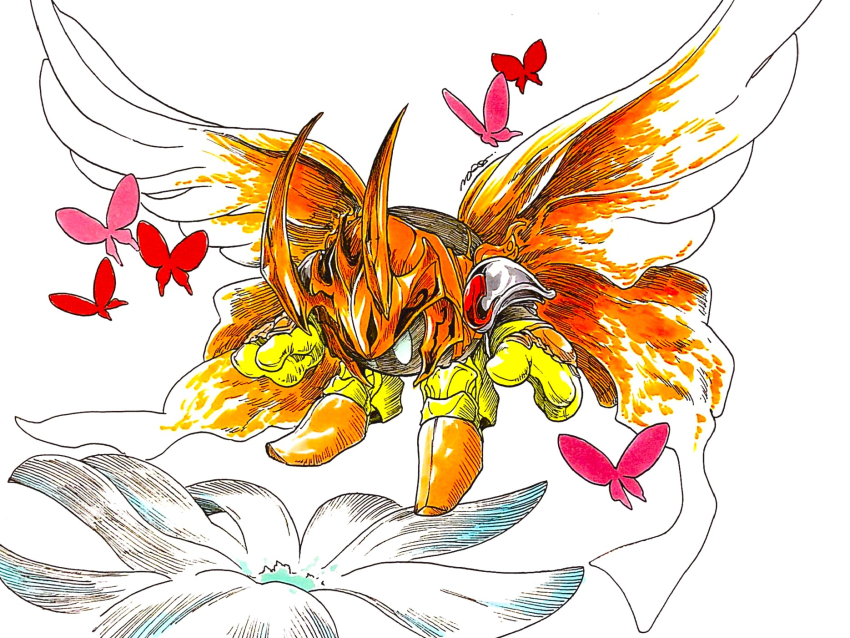armor bug butterfly butterfly_wings flower gloves highres insect insect_wings kirby_(series) morpho_knight nintendo no_humans norajiyuuchou pauldrons red_butterfly sabaton shoulder_armor simple_background traditional_media white_background white_eyes white_flower wings yellow_gloves