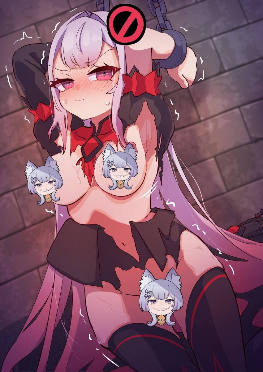 1girl absurdres arms_behind_head arms_up breasts c_civciv censored chain commentary_request cowboy_shot dress duel_monster highres maliss_&lt;p&gt;_chessy_cat maliss_&lt;q&gt;_red_ransom medium_breasts motion_lines purple_eyes purple_hair restrained solo torn_clothes torn_dress trembling yu-gi-oh! yu-gi-oh!_master_duel