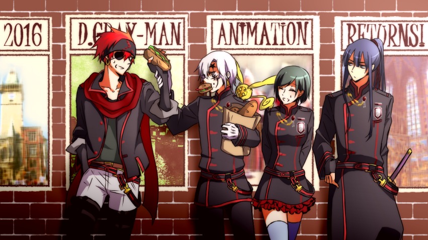 1girl 3boys allen_walker arms_behind_back black_gloves black_hair blue_hair blue_thighhighs closed_eyes copyright_name d.gray-man fingerless_gloves food_in_mouth gloves hair_over_one_eye kanda_yuu kanoru_(klokke) lavi lenalee_lee long_hair multiple_boys ponytail red_hair short_hair silver_hair sword thighhighs timcanpy weapon