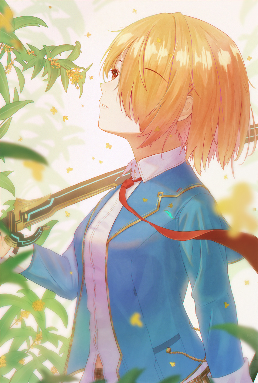 1girl absurdres blonde_hair blue_jacket blurry blurry_foreground breasts brown_skirt collared_shirt commentary_request depth_of_field flowingcrescent gold_osmanthus hair_over_one_eye heaven_burns_red highres holding holding_sword holding_weapon jacket kayamori_ruka long_sleeves medium_breasts necktie one_eye_covered open_clothes open_jacket parted_lips plaid_clothes plaid_skirt red_eyes red_necktie school_uniform shirt short_hair skirt solo standing sword weapon white_shirt