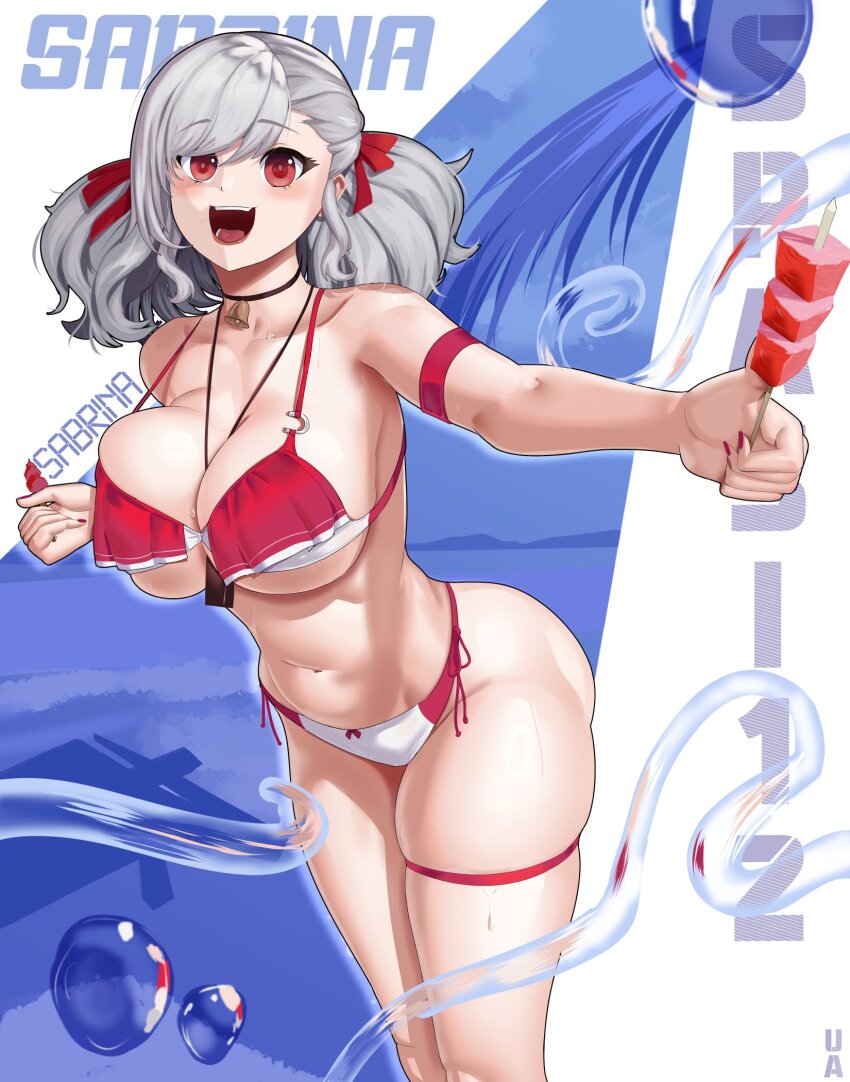 1girl armlet bell bikini black_choker blush breasts bubble character_name choker cleavage commentary english_commentary food girls&#039;_frontline girls&#039;_frontline_2:_exilium grey_hair hair_ribbon highres holding holding_skewer jewelry large_breasts leaning_forward looking_at_viewer medium_hair multicolored_bikini navel neck_bell necklace_between_breasts official_alternate_costume open_mouth red_bikini red_eyes ribbon sabrina_(girls&#039;_frontline_2) sabrina_(strawberry_zabaione)_(girls&#039;_frontline_2) side-tie_bikini_bottom skewer skindentation solo spas-12_(girls&#039;_frontline) standing sweat swept_bangs swimsuit thigh_strap twintails two-tone_bikini umbridled_ambition underboob