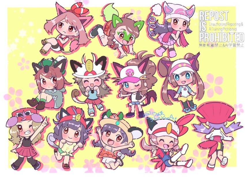 alolan_form alolan_meowth animal_ears baseball_cap beanie blue_overalls bow cat_ears cat_tail character_request dawn_(pokemon) double_bun double_v espurr excited flat_cap from_behind gen_1_pokemon gen_3_pokemon gen_5_pokemon gen_6_pokemon gen_7_pokemon gloria_(pokemon) hair_bow hair_bun hat hilda_(pokemon) juliana_(pokemon) kris_(pokemon) lab_coat leaf_(pokemon) liepard lyra_(pokemon) may_(pokemon) meowth naranja_academy_school_uniform nervous nintendo no_headwear overall_shorts overalls pantyhose paw_pose pointing pokemon pokemon_bw pokemon_bw2 pokemon_dppt pokemon_frlg pokemon_gsc pokemon_hgss pokemon_oras pokemon_sm pokemon_sv pokemon_swsh pokemon_usum pokemon_xy pumpkin_shorts purrloin rosa_(pokemon) running school_uniform serena_(pokemon) sheyona short_shorts short_sleeves shorts skitty sprigatito striped_clothes striped_shorts sun_hat surprised tail tam_o&#039;_shanter thumbs_up v visor_cap watermark yellow_background yellow_shorts