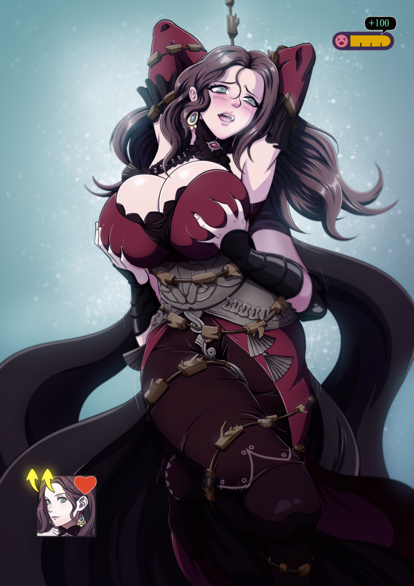 2girls absurdres armpits bdsm billvicious blush bondage bound breasts brown_hair female_byleth_(fire_emblem) cleavage corset deep_skin dorothea_arnault dorothea_arnault_(timeskip) dress earrings fire_emblem fire_emblem:_three_houses gameplay_mechanics grabbing_another&#039;s_breast green_eyes groping hair_between_eyes highres huge_breasts jewelry long_hair motion_lines multiple_girls naughty_face nintendo red_dress skindentation solo_focus tagme yuri