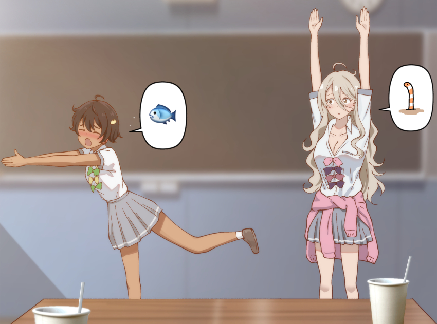 2girls anzai_chika arms_up black_hair blonde_hair blush bow bowtie breasts chalkboard classroom cleavage clothes_around_waist dark-skinned_female dark_skin fish food-themed_hair_ornament green_bow green_bowtie green_skirt hair_between_eyes hair_ornament highres indoors lemon_hair_ornament long_hair_between_eyes make_heroine_ga_oo_sugiru! meme multiple_girls open_mouth pink_bow pink_bowtie pink_sweater pleated_skirt poa_mellhen purple_bow purple_bowtie sakana~_(meme) school_uniform shikiya_yumeko skirt speech_bubble standing standing_on_one_leg summer_uniform sweater sweater_around_waist voice_actor_connection wakayama_shion worm yakishio_lemon yellow_bow yellow_bowtie yellow_eyes