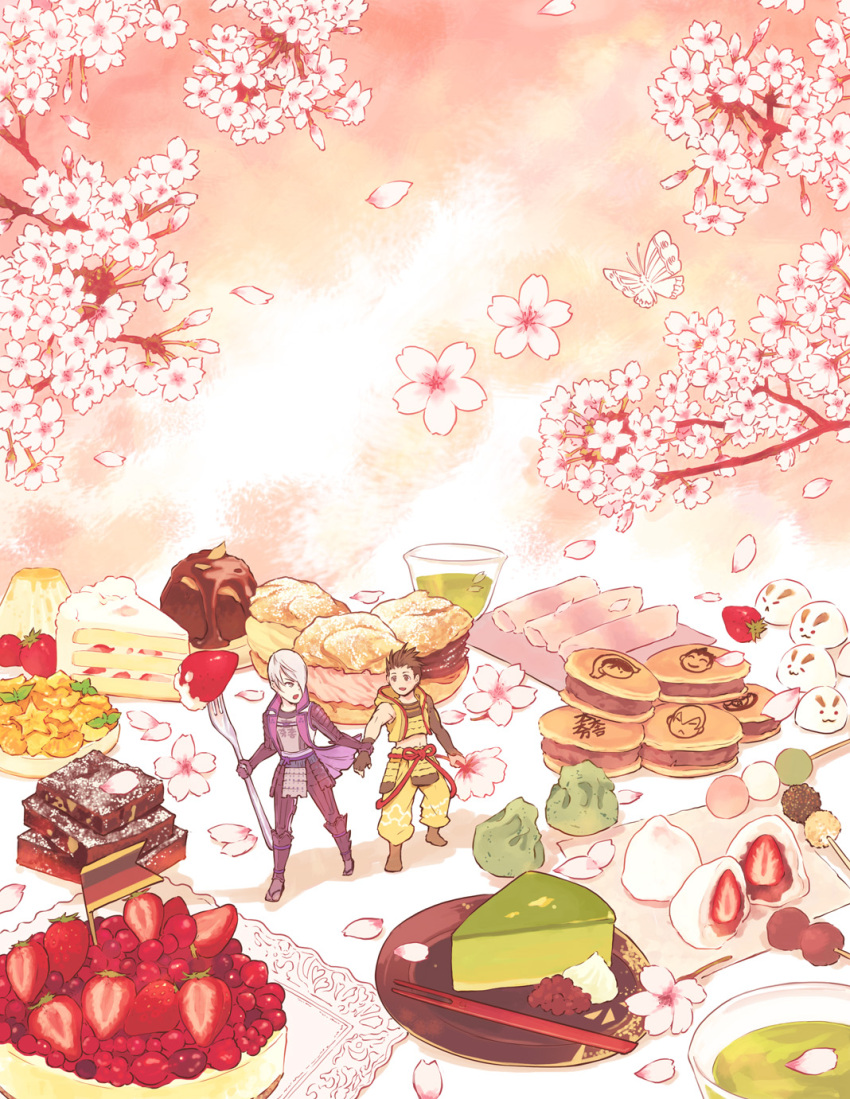 2boys :d :o armor asymmetrical_sleeves black_gloves brown_eyes brown_hair bug butterfly cake cake_slice cherry_blossoms cropped_jacket daifuku dango fingerless_gloves food fork fruit gloves grey_eyes grey_hair hair_over_one_eye highres holding holding_another&#039;s_wrist holding_fork ichigo_daifuku insect ishida_mitsunari_(sengoku_basara) jacket japanese_armor jinbaori male_focus midriff mini_person miniboy multiple_boys open_mouth pants pink_background sanshoku_dango sengoku_basara short_hair smile strawberry tokugawa_ieyasu_(sengoku_basara) uneven_sleeves wagashi wata_guarana yellow_jacket yellow_pants