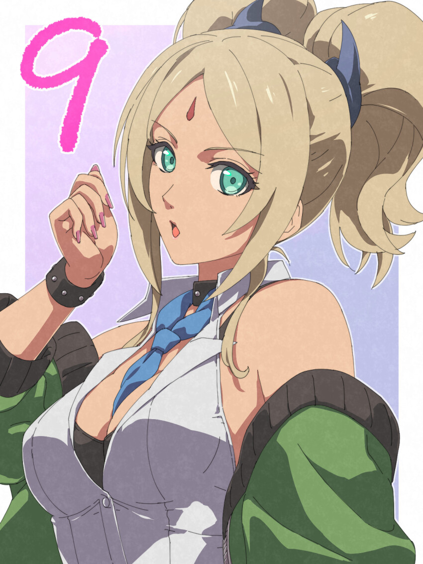 1girl :o aqua_eyes blonde_hair border breasts chiharu_(9654784) countdown eiyuu_densetsu eyelashes facial_mark falcom forehead_mark green_jacket highres jacket kai_no_kiseki kuro_no_kiseki_(series) large_breasts looking_at_viewer medium_hair nail_polish open_clothes open_jacket outside_border parted_bangs pink_nails purple_background simple_background solo twintails ulrica_(eiyuu_densetsu) white_border