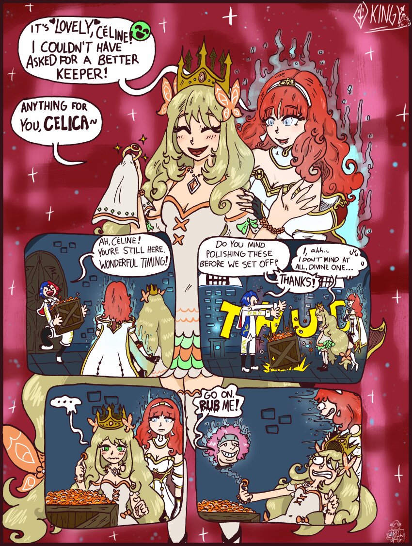 2boys 2girls absurdres male_alear_(fire_emblem) armor blue_hair breastplate breasts butterfly_hair_ornament cape celica_(fire_emblem) celine_(fire_emblem) cleavage comic commentary crate crown emblem_ring english_commentary english_text fire_emblem fire_emblem:_path_of_radiance fire_emblem:_radiant_dawn fire_emblem_echoes:_shadows_of_valentia fire_emblem_engage ghost grey_eyes hair_ornament highres kingy makalov_(fire_emblem) medium_breasts multicolored_hair multiple_boys multiple_girls napkin nintendo red_armor red_hair split-color_hair tiara white_armor