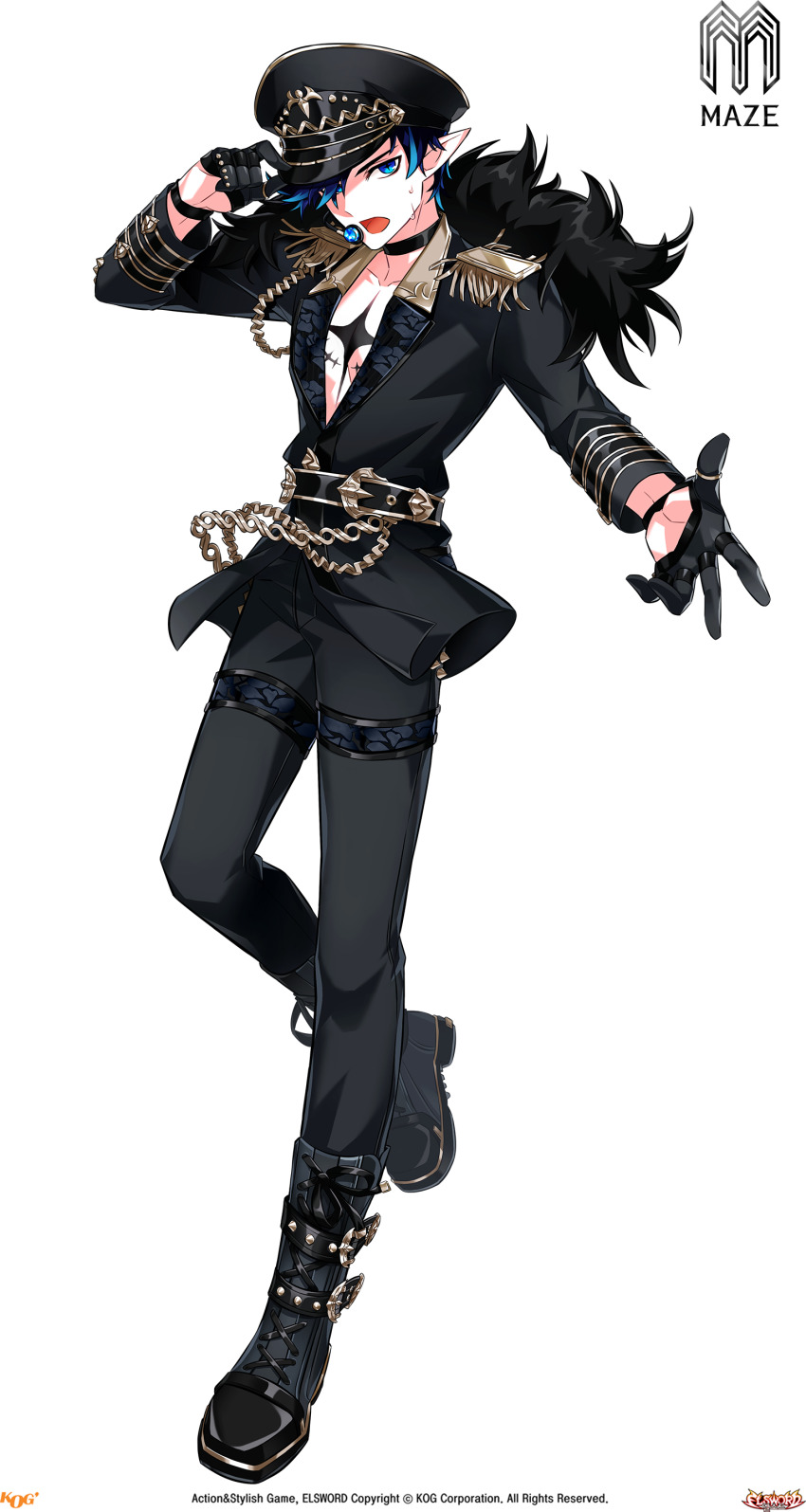 1boy absurdres belt black_belt black_boots black_choker black_gloves black_hat black_jacket blue_eyes blue_hair boots bracelet chain chest_tattoo choker ciel_(elsword) collarbone company_name copyright_name copyright_notice determined elsword epaulettes frown full_body fur-trimmed_jacket fur_trim game_cg gloves half_gloves hand_on_headwear hat headset highres hwansang idol jacket jewelry leg_up logo long_sleeves male_focus multiple_belts official_alternate_costume official_art one_eye_covered open_mouth outstretched_hand peaked_cap pectoral_cleavage pectorals pointy_ears second-party_source short_hair solo spiked_boots standing sweatdrop swept_bangs tachi-e tattoo thigh_belt thigh_strap transparent_background