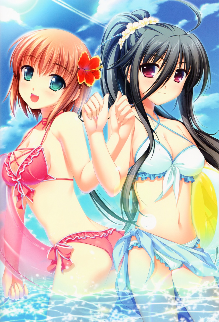 2girls :d absurdres ahoge alpha_(yukai_na_nakamatachi) ass ball beachball bikini black_hair breasts brown_hair character_request cleavage day fingernails flower frilled_bikini frills front-tie_top g-senjou_no_maou green_eyes hair_between_eyes hair_flower hair_ornament hibiscus highres innertube long_fingernails long_hair looking_at_viewer looking_back medium_breasts multiple_girls navel ocean open_mouth pink_bikini ponytail red_eyes sarong scan short_hair side-tie_bikini_bottom sky smile source_request swim_ring swimsuit usami_haru very_long_hair wading water white_bikini