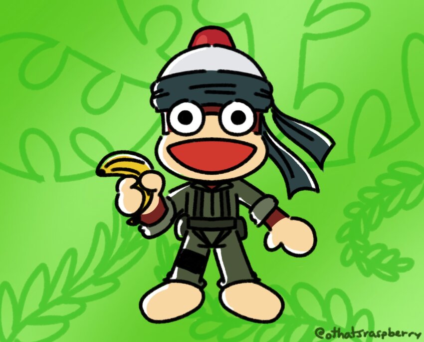 banana bandana big_boss blue_bandana food fruit helmet highres holding holding_food looking_at_viewer maddie_(othatsraspberry) metal_gear_(series) naked_snake saru_getchu simple_background sneaking_suit