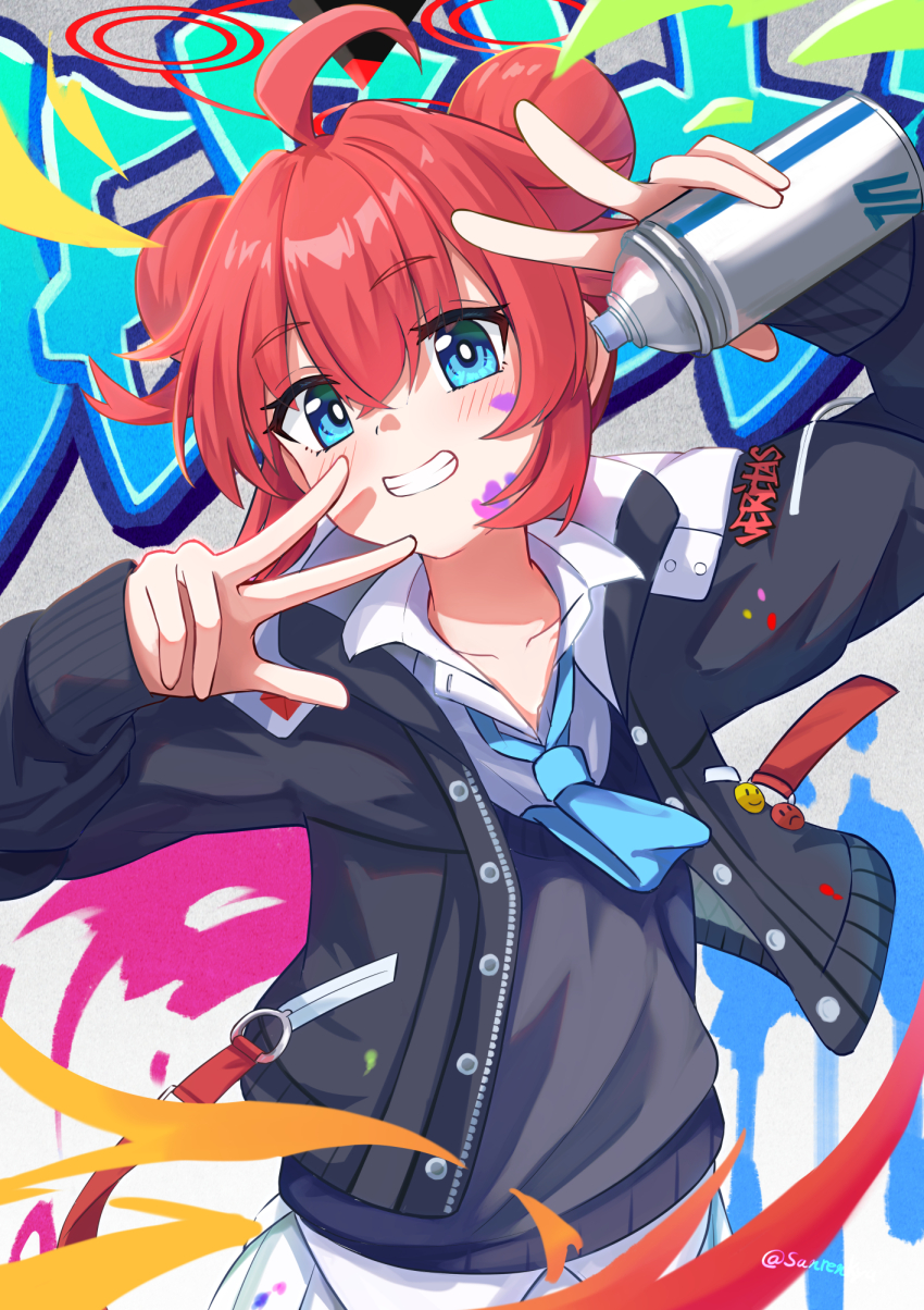 1girl ahoge black_jacket blue_archive blue_eyes blue_necktie doku-doku double_bun double_v graffiti grin hair_bun halo highres jacket maki_(blue_archive) necktie paint_splatter paint_splatter_on_face red_hair red_halo smile spray_paint v