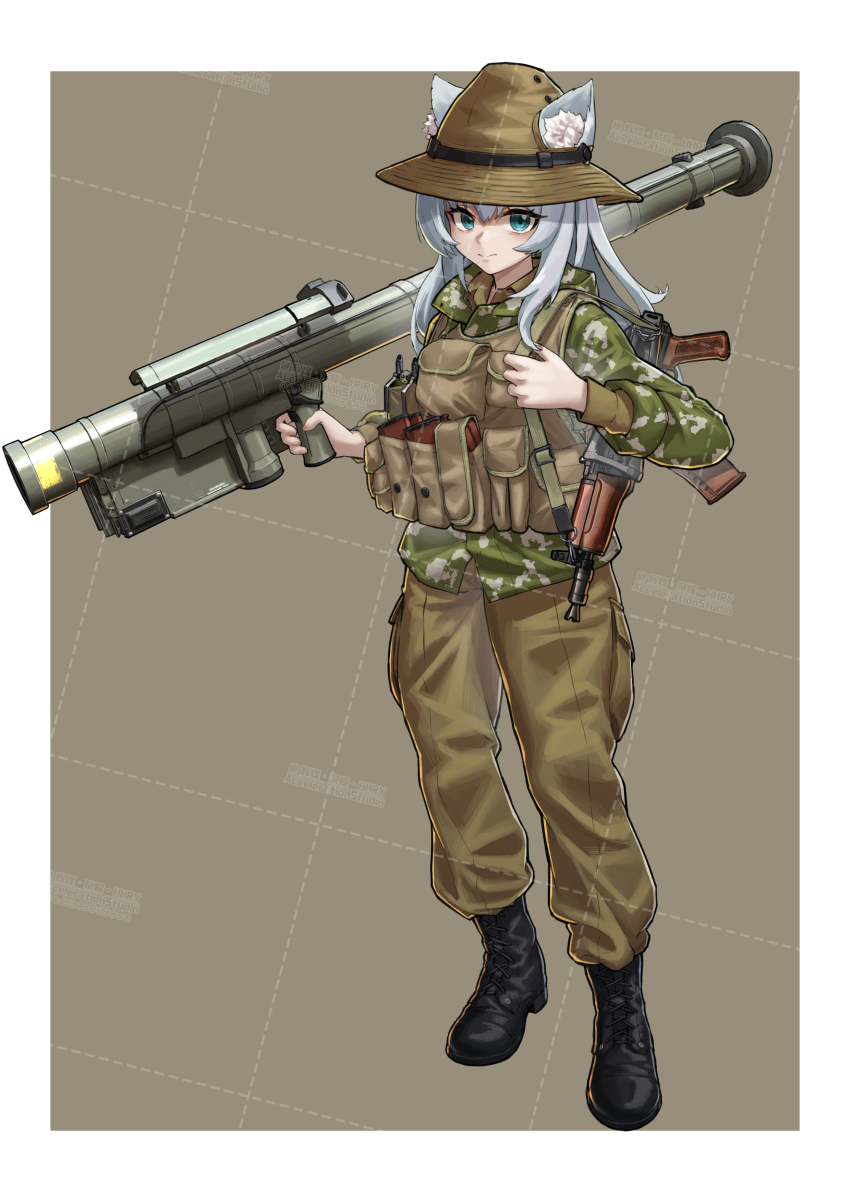 absurdres ammunition_pouch animal_ears blue_eyes boots bulletproof_vest cat_girl grey_hair hat highres huihuang_rongyao kalashnikov_rifle long_hair military_operator nekomusume original pouch rocket_launcher soviet tactical_clothes vdv virtual_youtuber war_in_afghanistan weapon