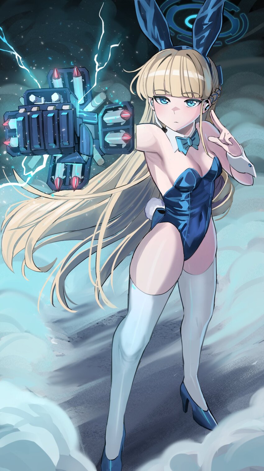 1girl animal_ears aqua_bow blonde_hair blue_archive blue_eyes blue_footwear blue_halo blue_leotard bow breasts detached_collar earpiece fake_animal_ears fake_tail halo high_heels highleg highleg_leotard highres holding holding_weapon jourd4n leotard long_hair missile official_alternate_costume playboy_bunny rabbit_ears rabbit_tail small_breasts solo standing strapless strapless_leotard tail thighhighs toki_(blue_archive) toki_(bunny)_(blue_archive) weapon white_thighhighs white_wrist_cuffs wrist_cuffs