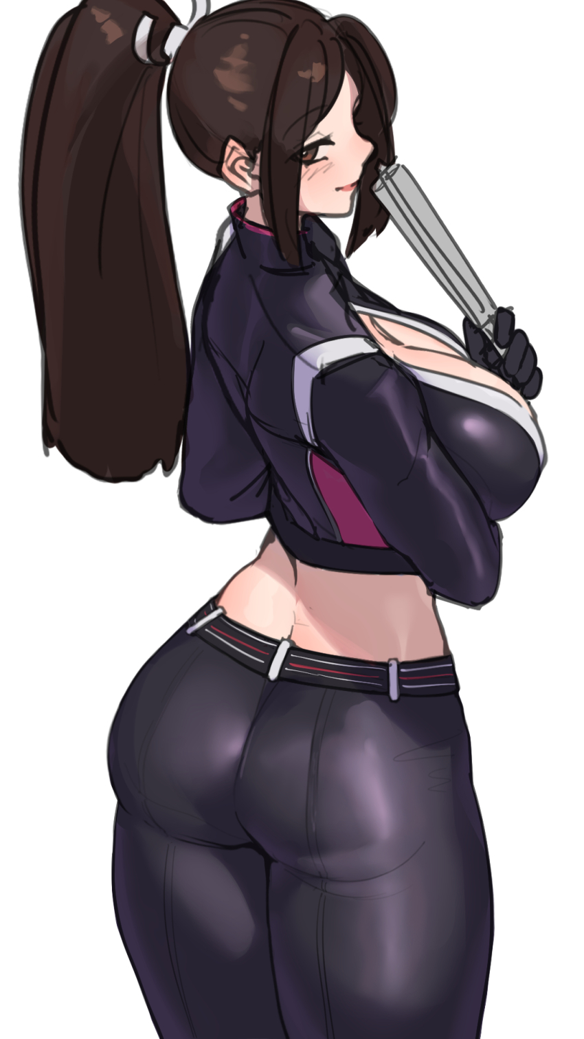 1girl arm_under_breasts breasts brown_eyes brown_hair cleavage fan_to_mouth fatal_fury fatal_fury:_city_of_the_wolves from_behind gloves half-closed_eye hand_fan highres jacket large_breasts leather leather_jacket leather_pants long_hair looking_at_viewer looking_back midriff pants pink_lips ponytail seductive_gaze seductive_smile shiranui_mai sideboob smile snk solo the_king_of_fighters