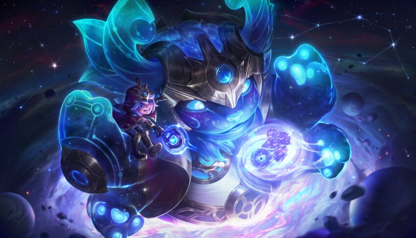 1boy absurdres black_footwear black_gloves blue_eyes commentary constellation cosmic_paladins_nunu cosmic_paladins_willump creature english_commentary extra_arms galaxy gloves highres holding holding_wand hood hoodie in_orbit league_of_legends nunu_(league_of_legends) official_art open_mouth orb orbited pepeno planet red_hoodie sitting sky smile space star_(sky) starry_sky teeth wand white_hair willump