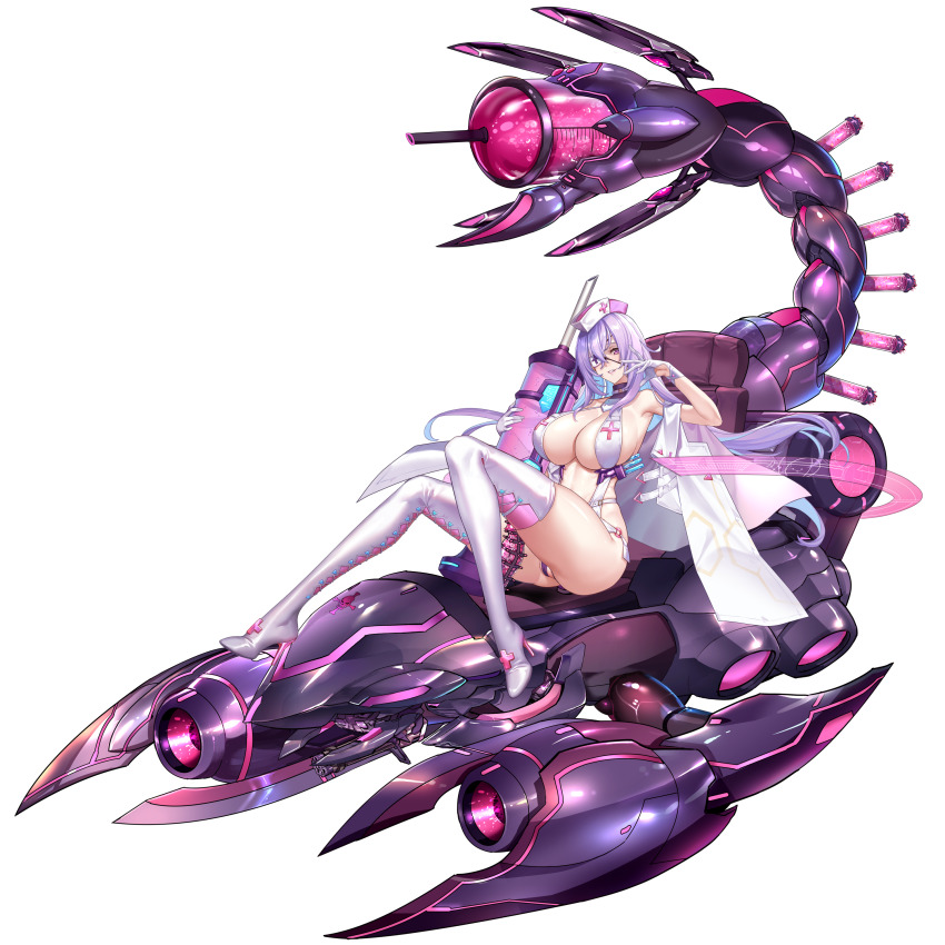 1girl absurdres arm_cannon boots breasts chair cross_ornament dildo dual_arm_cannons eyepatch fingerless_gloves full_body gloves high_heel_boots high_heels highres holding holding_syringe hovercraft huge_breasts large_syringe long_hair looking_at_viewer medical_eyepatch mixed-language_commentary non-humanoid_robot oversized_object purple_hair q_azieru revealing_clothes robot robot_animal scorpion sex_toy simple_background sitting solo star_lusts syringe test_tube thigh_boots transparent_background very_long_hair watercraft weapon white_boots white_gloves white_headwear