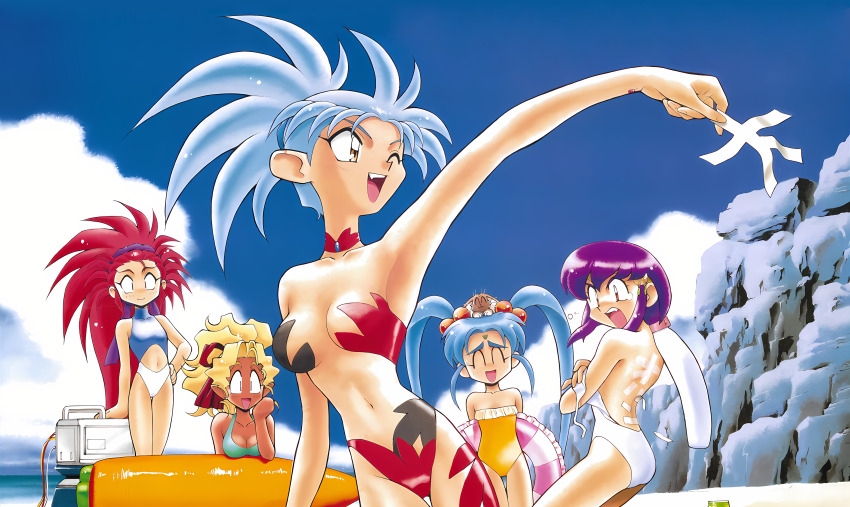 1990s_(style) 5girls absurdres alternate_hairstyle angry arm_up barefoot beach bikini blanket blonde_hair blue_hair border casual_one-piece_swimsuit character_name choker closed_eyes constricted_pupils copyright_name dark-skinned_female dark_skin day fang female_focus hair_bobbles hair_ornament hakubi_washuu highres holding holding_swim_ring innertube kajishima_masaki kneeling kuramitsu_mihoshi light_blue_hair long_hair masaki_aeka_jurai masaki_sasami_jurai multiple_girls narrow_waist navel official_art one-piece_swimsuit open_mouth outdoors pink_hair ponytail prank purple_hair resized retro_artstyle revealing_clothes ryou-ouki ryouko_(tenchi_muyou!) smile strapless strapless_bikini swim_ring swimsuit tenchi_muyou! third-party_edit twintails upscaled wardrobe_malfunction