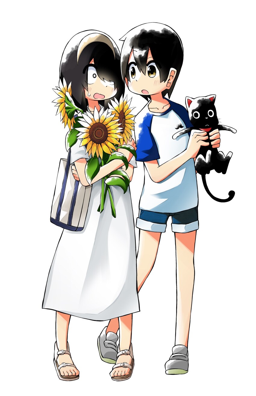 1boy 1girl absurdres animal bag black_cat black_hair blue_shorts brown_eyes cat dress flower full_body hair_over_one_eye hairband highres holding holding_animal holding_bag holding_cat holding_flower jijou_wo_shiranai_tenkousei_ga_guigui_kuru. kawamura_taku looking_at_another nishimura_akane one_eye_covered open_mouth sandals short_hair shorts simple_background standing sundress sunflower takada_taiyou white_background white_dress