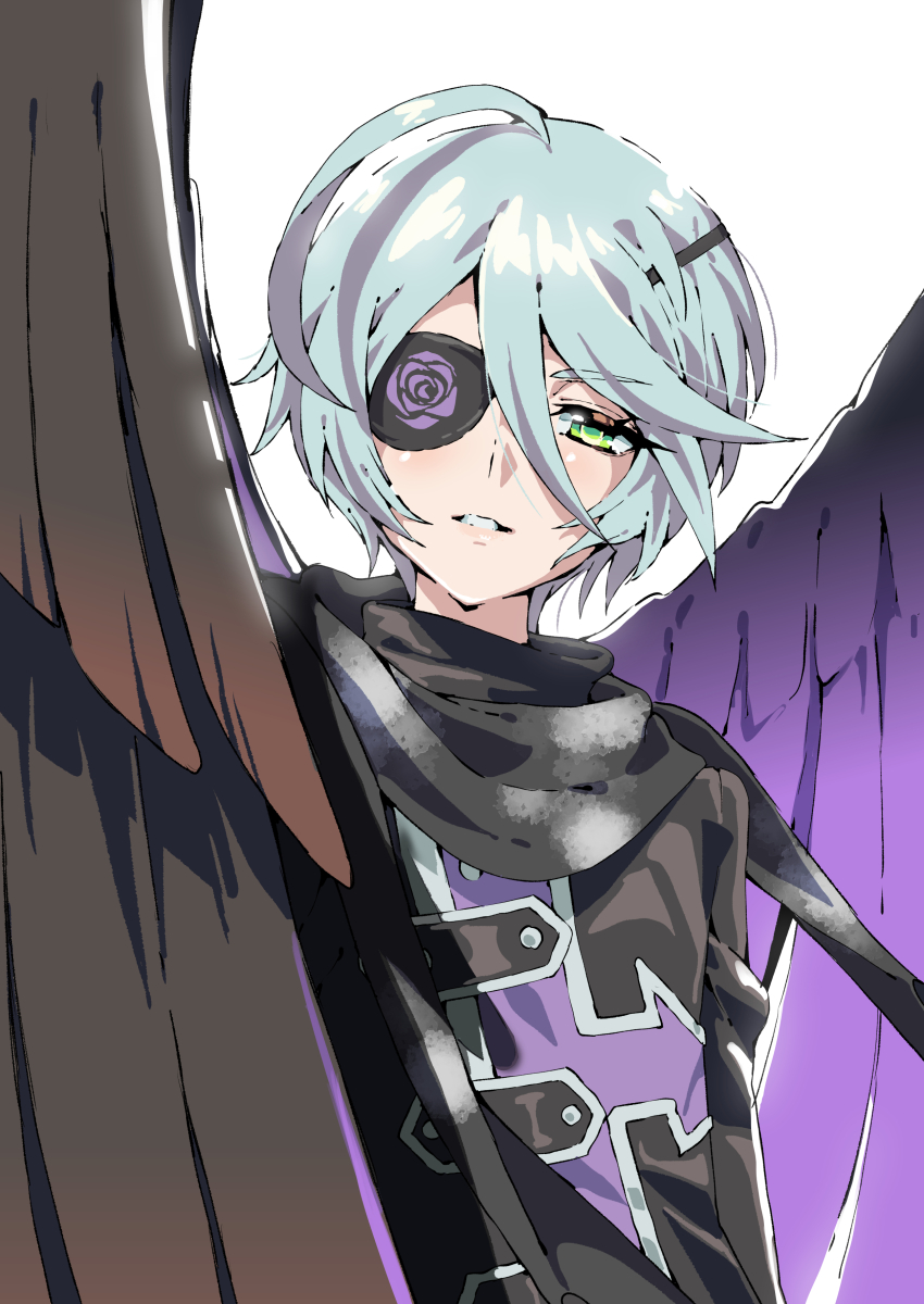 1girl absurdres ahoge black_jacket black_wings commentary_request eyepatch feathered_wings flower green_eyes grey_hair hair_between_eyes highres jacket looking_at_viewer pretty_series pripara purple_flower purple_rose purple_wings rose shikyoin_hibiki short_hair solo tsujii_luki upper_body white_background wings