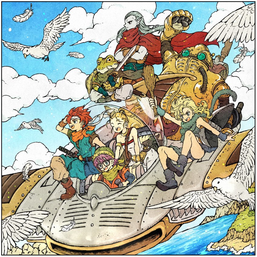 3girls arm_behind_head asymmetrical_bangs ayla_(chrono_trigger) belt bird blonde_hair blue_tunic boots bridal_gauntlets cape chrono_trigger closed_eyes cloud cloudy_sky colored_skin crono_(chrono_trigger) crossed_arms curly_hair dress epoch falling_feathers feathers flying frog_(chrono_trigger) full_body fur_boots fur_scarf fur_skirt glasses grey_hair grey_skin headband helmet highres holding holding_sword holding_weapon long_hair lucca_ashtear magus_(chrono_trigger) marle_(chrono_trigger) multiple_boys multiple_girls open_mouth orange_scarf orange_tunic pointy_ears ponytail purple_hair red_cape red_hair robo_(chrono_trigger) robot scarf short_hair sitting sky spiked_hair sword tail teeth toriga tunic upper_teeth_only weapon white_dress white_headband wings yellow_scarf