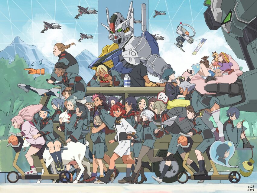 2023 6+boys 6+girls afro_puffs ahoge aliya_mahvash apple asticassia_school_uniform black_hair blonde_hair blue_eyes blue_sky braid brown_hair bus calibarn_ex_01 chuatury_panlunch closed_eyes cloud commentary dark-skinned_female dark-skinned_male dark_skin day drone eating elan_ceres english_commentary everyone felsi_rollo flying food fruit goat green_eyes green_hair grey_hair guel_jeturk gundam gundam_aerial gundam_suisei_no_majo hair_over_one_eye hairband haro henao_jazz ireesha_plano lauda_neill lilique_kadoka_lipati long_hair maisie_may martin_upmont mecha medium_hair miorine_rembran motor_vehicle mountain multiple_boys multiple_girls nika_nanaura norea_du_noc nuno_kargan ojelo_gabel on_scooter outdoors petra_itta pink_hair purple_eyes red_hair renee_costa riding robot rouji_chante sabina_fardin school_uniform secelia_dote shaddiq_zenelli shoes short_hair shorts sky smile sophie_pulone stuffed_animal stuffed_toy suletta_mercury thighhighs till_nys tree white_hair