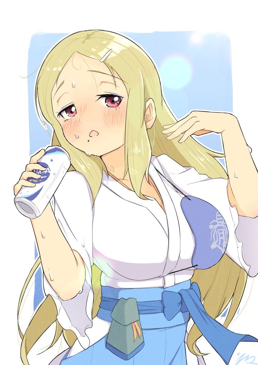 1girl absurdres belt_pouch blonde_hair blue_bow blue_hakama blue_sky blush bow breasts can cleavage collarbone drink emma_(3one3o) fanning_face frilled_kimono frills gessen_academy_school_uniform hair_ornament hairclip hakama highres holding holding_can hot japanese_clothes kimono large_breasts lens_flare long_hair looking_at_viewer mole mole_under_mouth muneate open_mouth outdoors pouch red_eyes school_emblem senran_kagura senran_kagura_new_link senran_kagura_shinovi_versus shiki_(senran_kagura) sidelocks sky solo sweat waist_bow white_kimono