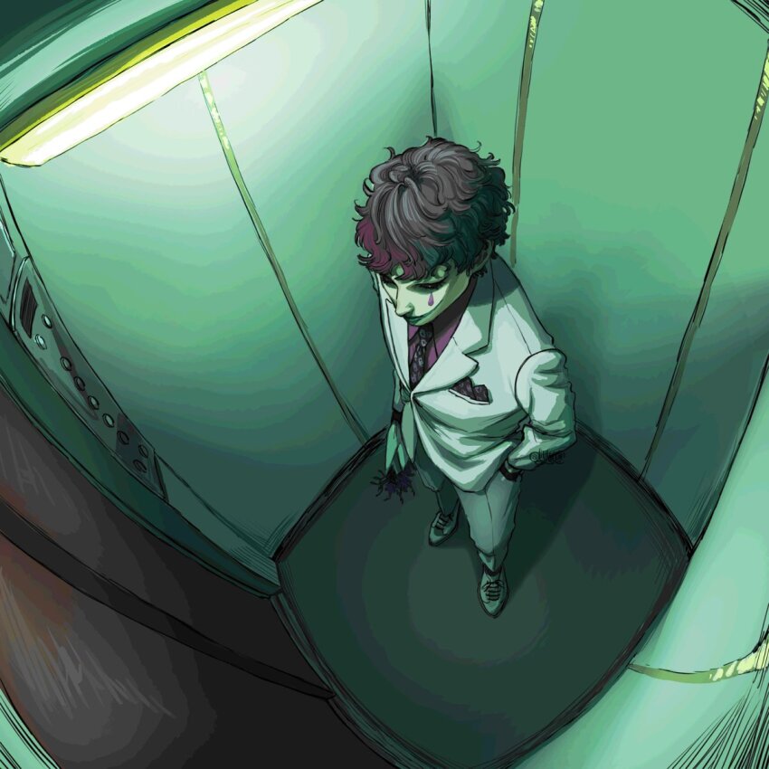 1boy camera_feed clown elevator facepaint flower formal_clothes full_body highres holding holding_flower indoors joe_rikiichi koze_niire male_focus nijisanji purple_hair security_camera solo standing suit teardrop_facial_mark virtual_youtuber white_suit