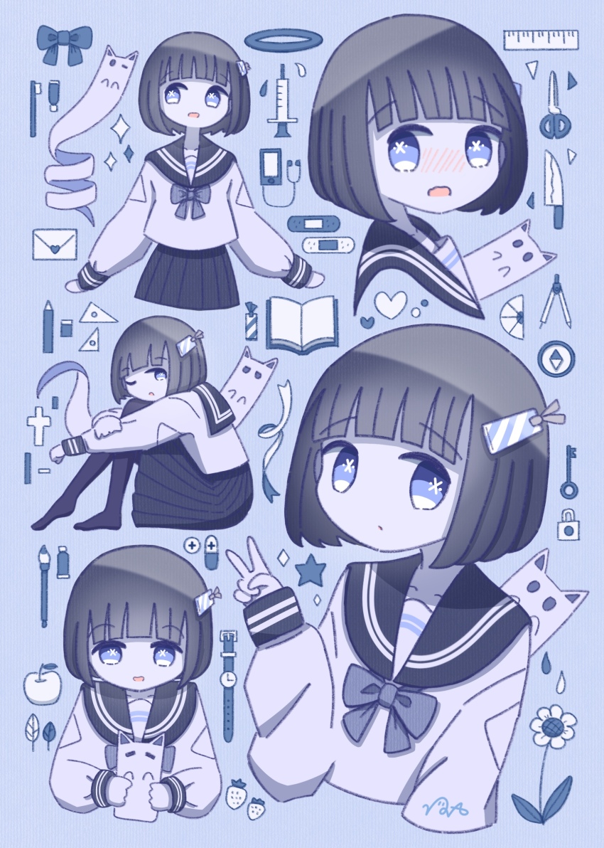 1girl :d :o absurdres animal apple bandaid black_pantyhose black_skirt blue_background blue_eyes blue_theme blunt_bangs blush book bookmark bow bowtie brown_hair cat cathead closed_mouth collarbone commentary compass compass_(instrument) cowboy_shot cross d: dandelion digital_media_player dot_mouth earbuds earphones eraser flower food from_side fruit full_body ghost hair_ornament hair_ribbon heart highres holding holding_animal holding_cat holding_ghost hoop ipod key knife leaf letter lock long_sleeves looking_at_viewer love_letter multiple_views no_nose nose_blush omochi_noa one_eye_closed open_book open_mouth original padlock paint_tube paintbrush pantyhose pen pill pleated_skirt protractor rectangle ribbon ruler sailor_collar school_uniform scissors serafuku shirt short_hair signature sitting skirt smile solid_oval_eyes sparkle star_(symbol) strawberry symbol-only_commentary syringe toothbrush toothpaste triangle upper_body v watch water_drop wristwatch