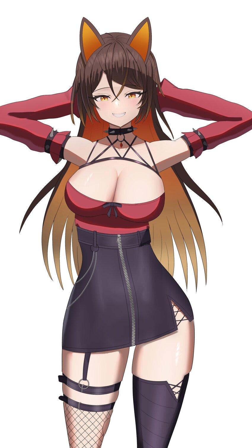 1girl absurdres animal_ears blush breasts cowboy_shot hands_in_hair highres indie_virtual_youtuber large_breasts long_hair looking_at_viewer self-upload sinder_(vtuber) sinder_(vtuber)_(sinder_2.0) solo virtual_youtuber white_background wolf_ears yissou_art