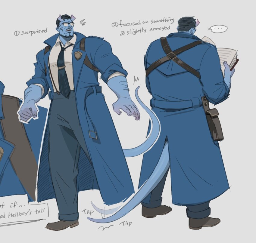 1boy abrams_(deadlock) black_hair black_necktie blue_coat book broad_shoulders brown_shoes cigar clenched_hand coat deadlock_(game) demon_boy demon_horns demon_tail glasses holding holding_book holster horns mature_male muscular muscular_male necktie oji_harem red_eyes shirt shoes tail white_background white_shirt