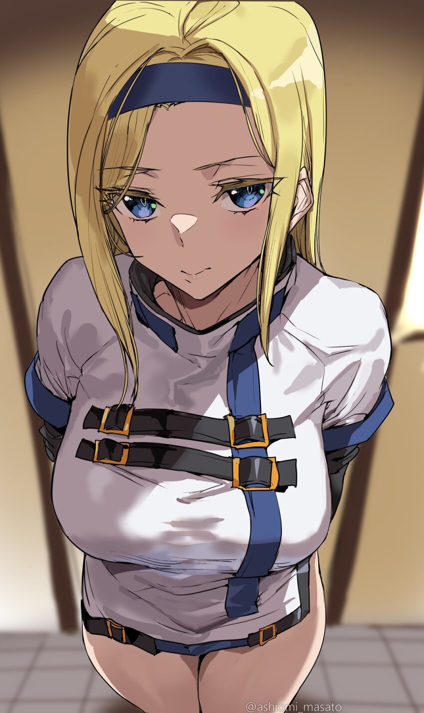 1girl arms_behind_back ashiomi_masato blonde_hair blue_eyes breasts dress guilty_gear guilty_gear_xx highres long_hair looking_at_viewer millia_rage short_dress solo white_dress