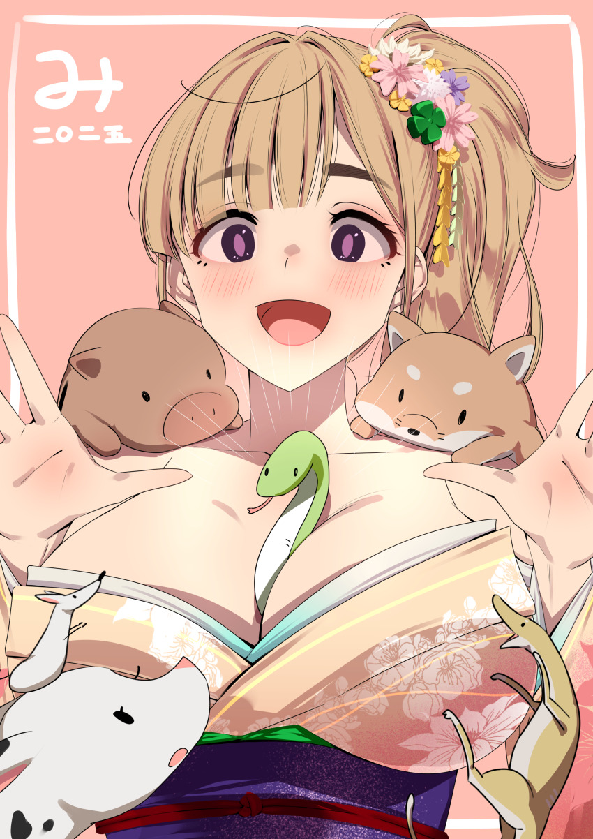 1girl absurdres andou_you between_breasts blonde_hair blush breasts chinese_zodiac collarbone floral_print flower fox hair_ornament highres kanzashi long_hair mouse_(animal) obi open_mouth original pig pink_flower purple_eyes purple_flower purple_sash sash side_ponytail snake white_flower year_of_the_snake yellow_flower