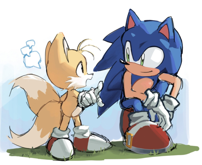 blonde_hair blue_fur blue_hair child fox gloves green_eyes hedgehog leum439 sega shoes size_difference smile socks sonic_(series) sonic_the_hedgehog tails_(sonic) yellow_fur
