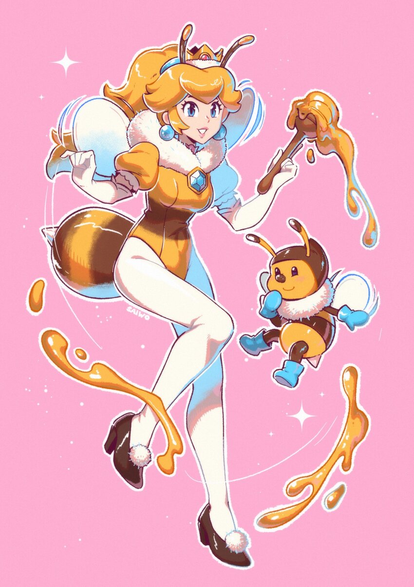2girls artist_name blonde_hair blue_eyes breasts commentary crown elbow_gloves english_commentary gloves high_heels highres honey looking_at_viewer mario_(series) multiple_girls nintendo princess_peach saiwo_(saiwoproject) smile super_mario_galaxy white_gloves