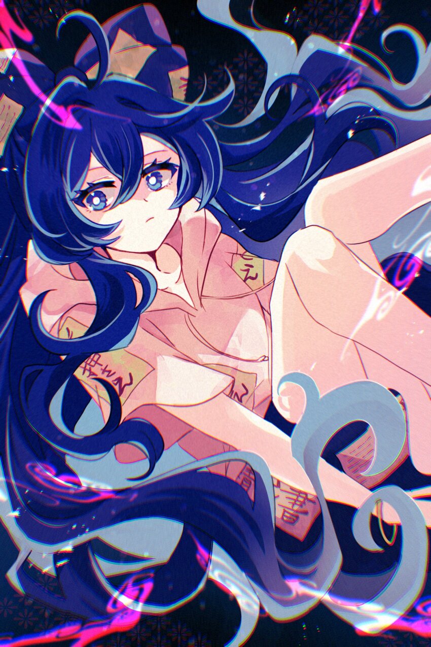 1girl barefoot blue_bow blue_eyes blue_hair bow hair_bow highres katsuragi_atori long_hair puffy_short_sleeves puffy_sleeves short_sleeves solo touhou yorigami_shion